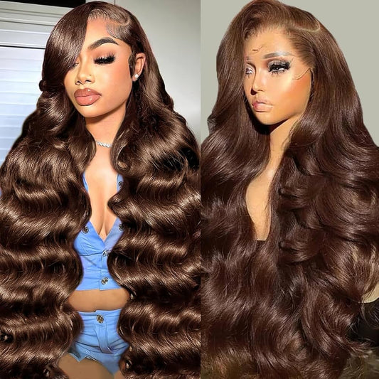 New Chocolate Brown Wig Body Wave 13x6 Full Lace Drawstring Wig Pre Plucked Natural Hairline 250% Density