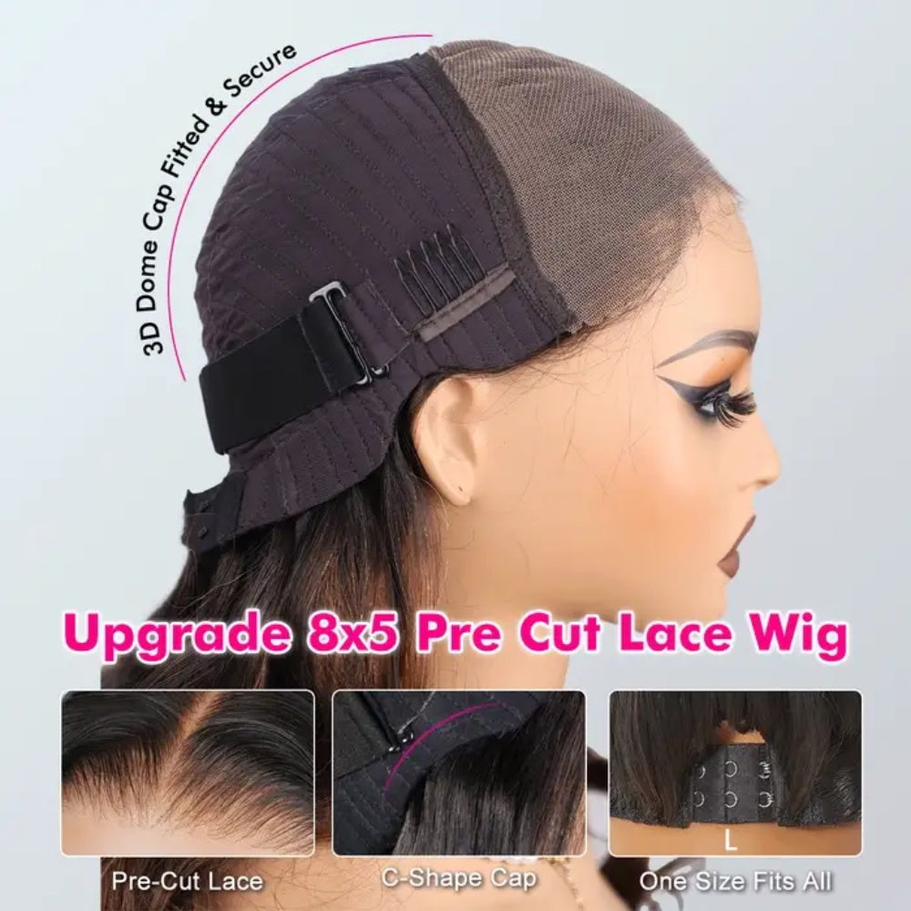 Black Cherry Curtain Bangs Body Wave Human Hair 8x5 Pre Cut Lace Glueless HD Lace Wigs  180% Density