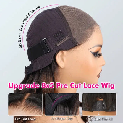 Black Cherry Curtain Bangs Body Wave Human Hair 8x5 Pre Cut Lace Glueless HD Lace Wigs  180% Density