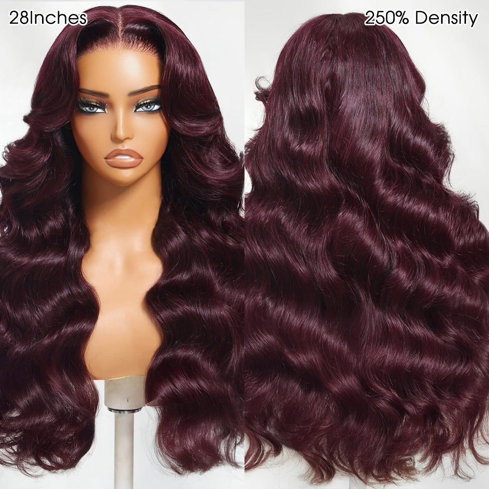 Black Cherry Curtain Bangs Body Wave Human Hair 8x5 Pre Cut Lace Glueless HD Lace Wigs  180% Density