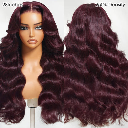 Black Cherry Curtain Bangs Body Wave Human Hair 8x5 Pre Cut Lace Glueless HD Lace Wigs  180% Density