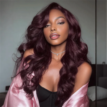 Black Cherry Curtain Bangs Body Wave Human Hair 8x5 Pre Cut Lace Glueless HD Lace Wigs  180% Density