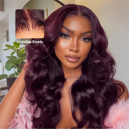 Black Cherry Curtain Bangs Body Wave Human Hair 8x5 Pre Cut Lace Glueless HD Lace Wigs  180% Density
