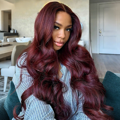 Black Cherry Curtain Bangs Body Wave Human Hair 8x5 Pre Cut Lace Glueless HD Lace Wigs  180% Density