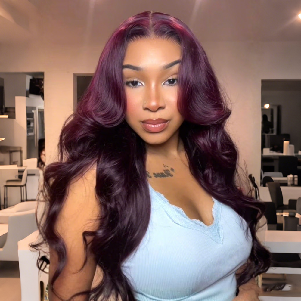 Black Cherry Curtain Bangs Body Wave Human Hair 8x5 Pre Cut Lace Glueless HD Lace Wigs  180% Density